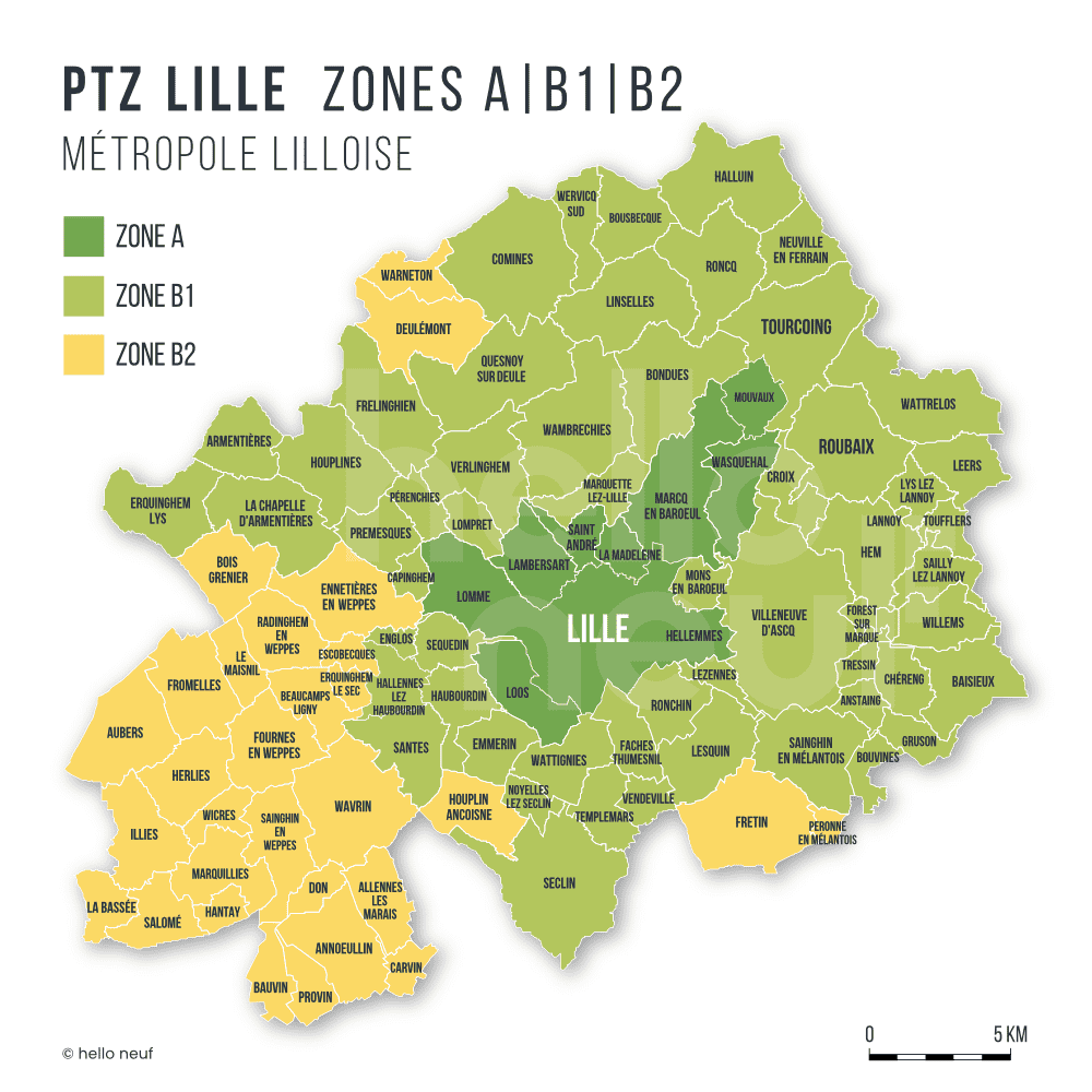 Carte des zones A-B1-B2 pour le PTZ - Prêt à taux zéro - Lille et Métropole Lilloise - MEL