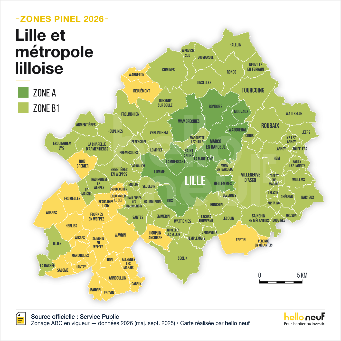 Carte des zones Pinel 2026 à Lille et dans la métropole lilloise Carte du zonage Pinel 2026 à Lille Métropole avec communes classées en zone A et zone B1.
