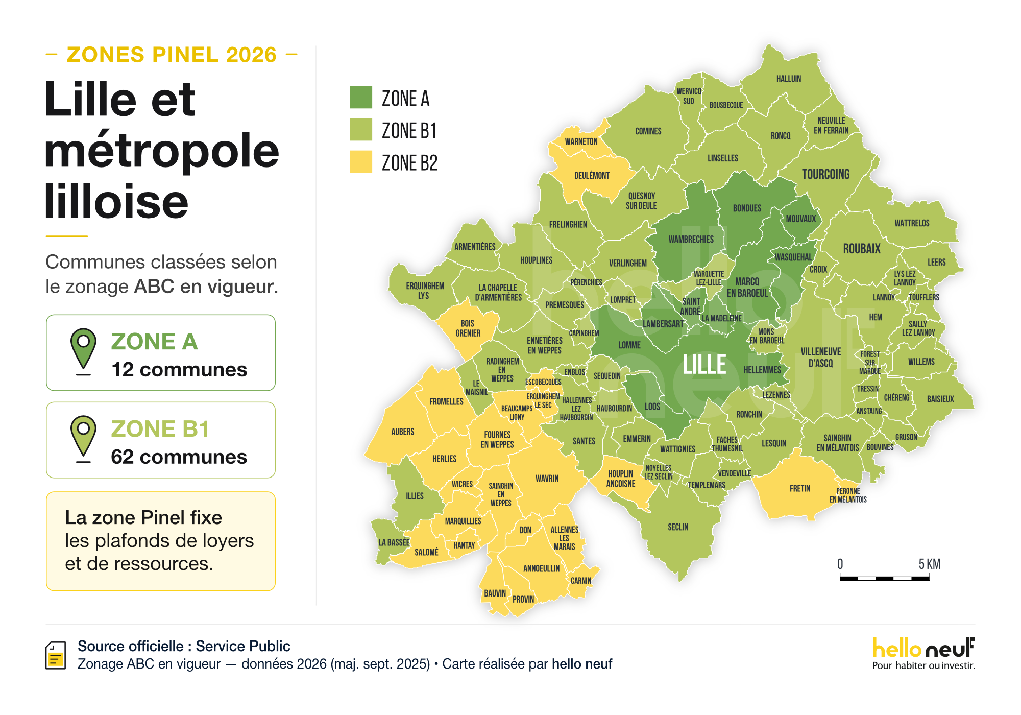 Carte des zones Pinel 2026 à Lille et dans la métropole lilloise Carte des zones Pinel 2026 à Lille et dans la métropole lilloise avec zones A et B1.